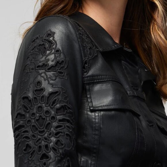 WHBM $220 Cutwork Coated Denim Flirty Jacket Leather look M - Picture 1 of 9